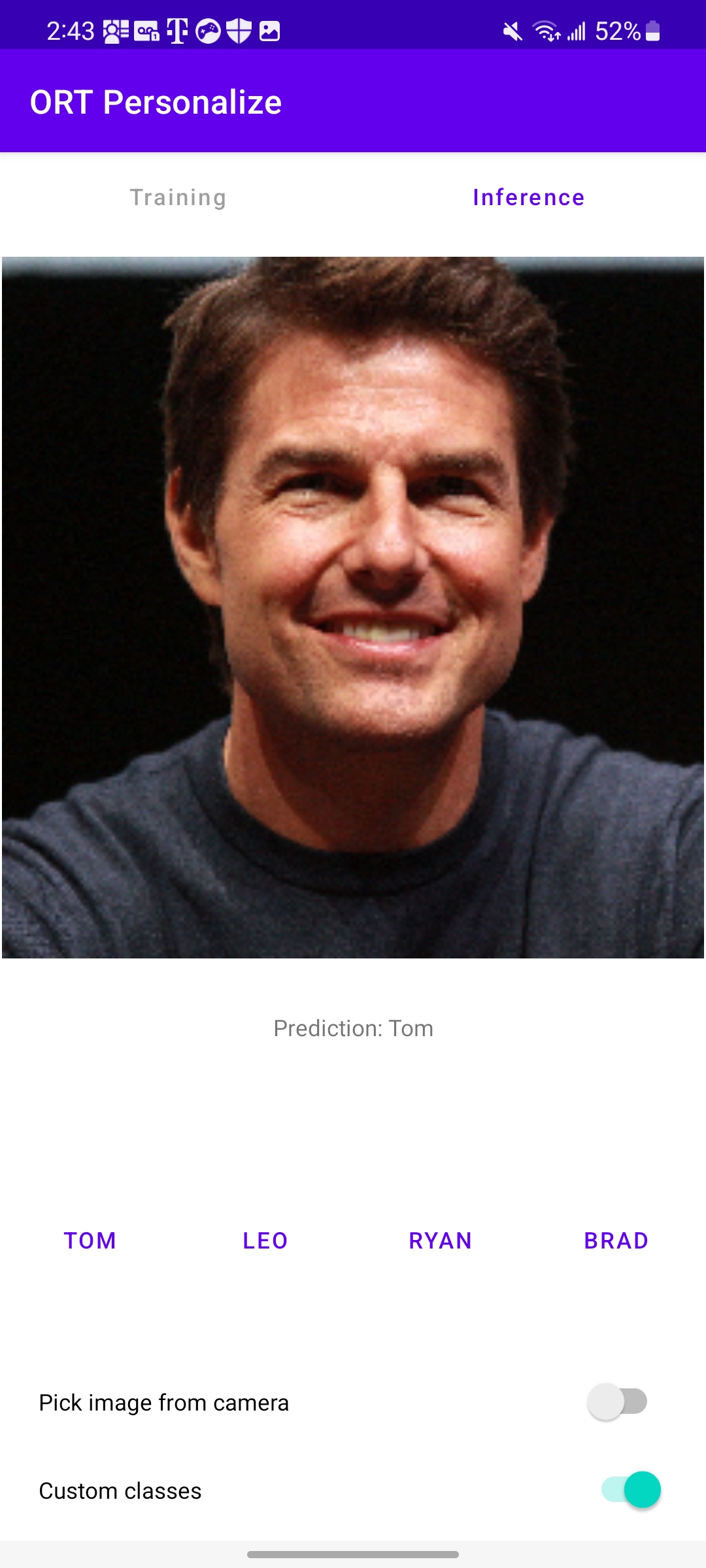 an image classification app with Tom Cruise in the middle.